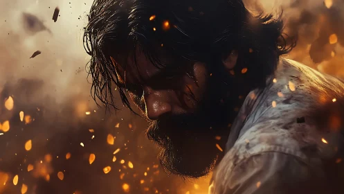 Battle-scorched wanderer bows through a storm of flying embers