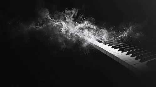 Piano keyboard dissolves into smoke against dark background