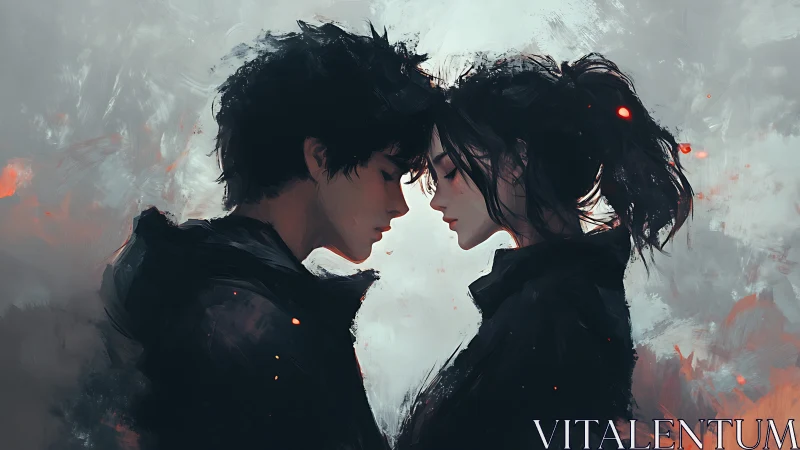 Two Figures Poised in Flames and Darkness