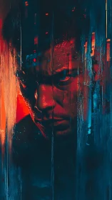Cyber-noir portrait isolates a brooding face in neon haze