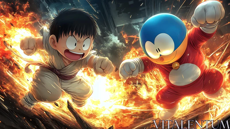 Intense anime style battle between boy fighter and robot.