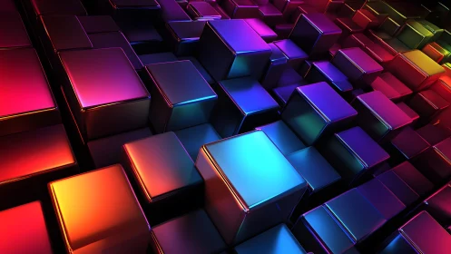 Neon gradient cubes form a glowing futuristic abstract landscape