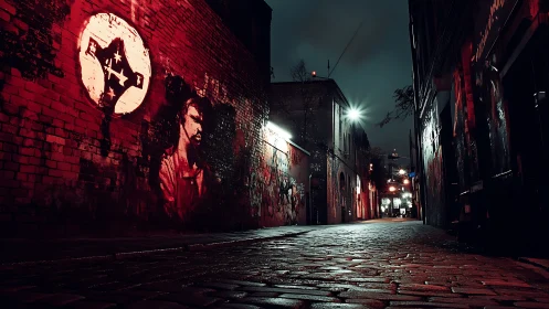 Moody urban alleyway with red graffiti portraits at night.