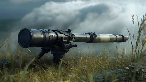 Field sniper lens cannon dreaming in stormlit grasslands.