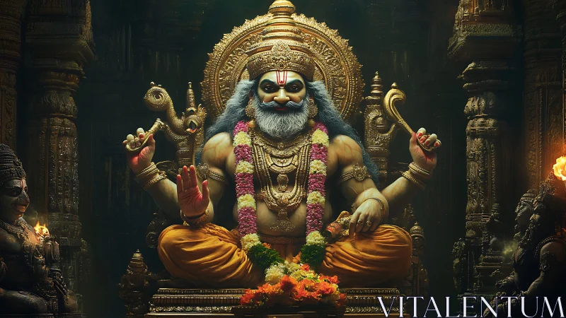 Lion-hearted deity on a molten-gold throne of temple shadows.