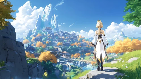 Anime explorer overlooking mountain city in bright autumn.