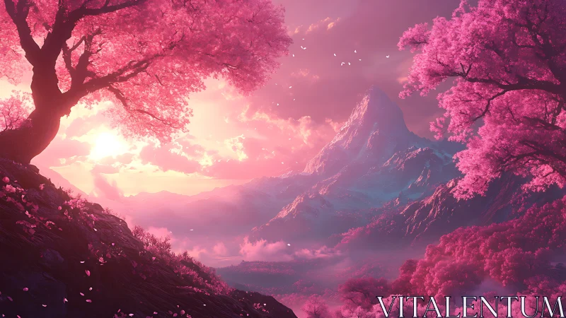 Pink forest valley surrounds distant mountain under sunset light