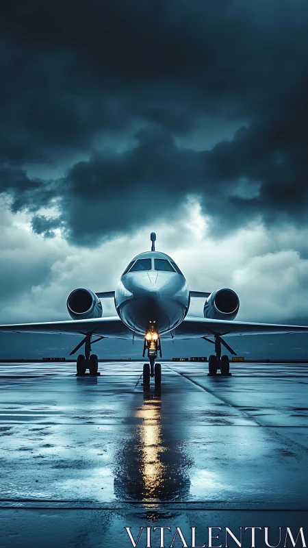 Stormy runway moment welcomes a sleek jet standing ready