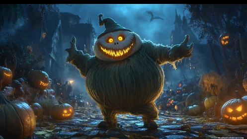 Grinning pumpkin monster welcomes a lively Halloween night