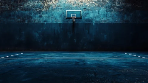 Moonlit concrete court where a lone hoop waits in blue hush.