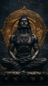 Serene Shiva statue rests in meditative golden radiance