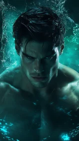 Male figure emerges from glowing teal water with fierce gaze
