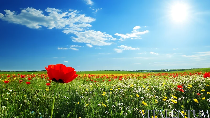 Scarlet poppy dazzles in a sunlit meadow of wildflowers.
