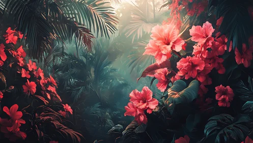 Crimson Whispers in Emerald Mist: A Jungle's Neon Dream.