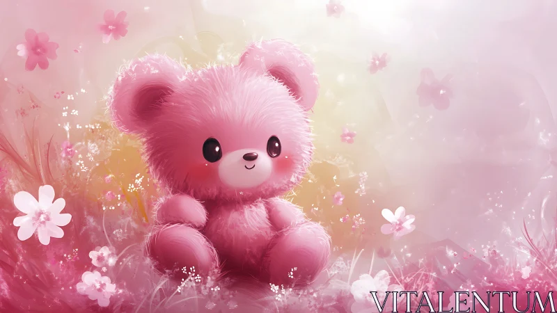Pink cotton candy teddy bear in a dreamy flower meadow.