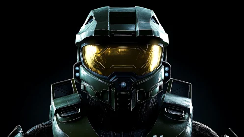 Bold sci fi armored hero stands ready in glowing visor light