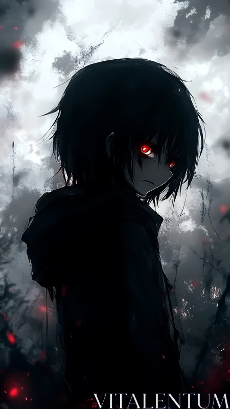 Dark-clad figure stands in backlit mist with glowing eyes