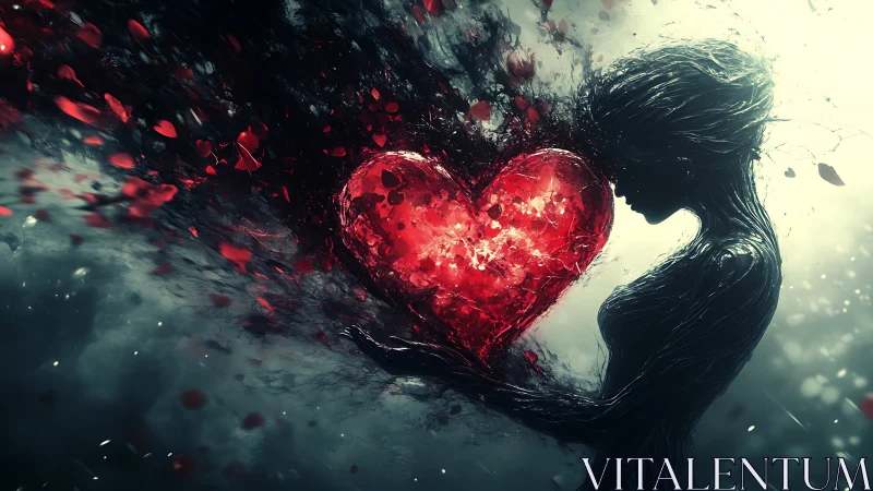 Silhouette Cradles Luminous Heart Exploding Fragments