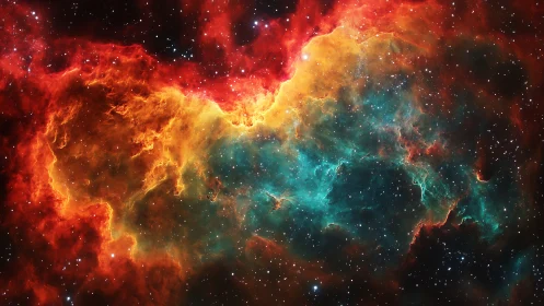 Nebulaic firestorm in vivid red, gold and cyan gases.