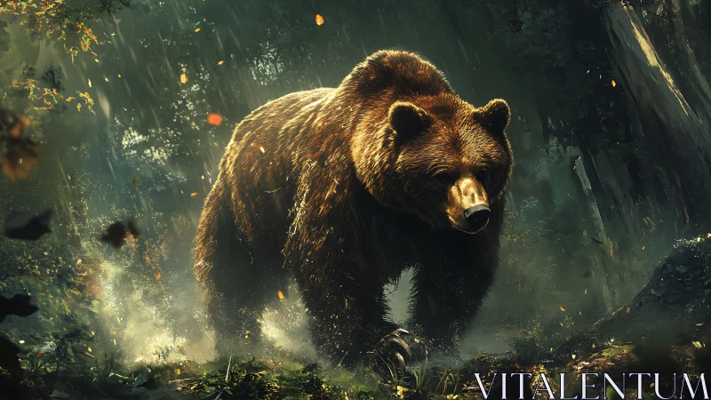 Powerful brown bear charging through dense forest rain.