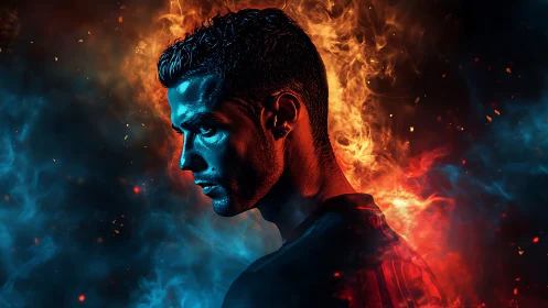 Portrait of a focused athlete framed by fire and ice glow.