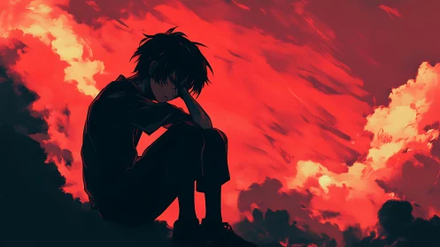 Soft storm of feelings beneath a blazing red sky.