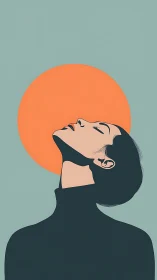 Woman in profile lifts face toward minimalist sun halo.