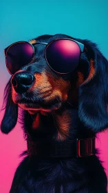 Dog wearing reflective sunglasses is lit by neon lighting