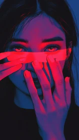 Neon-lit portrait with masked gaze and cinematic duotone lighting.