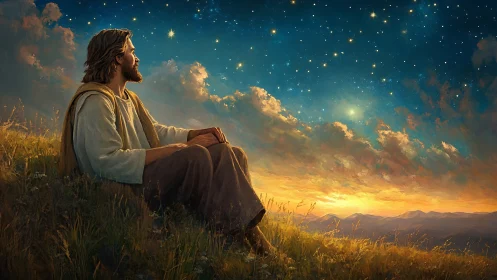 Contemplative robed figure beneath luminous starry dusk sky.