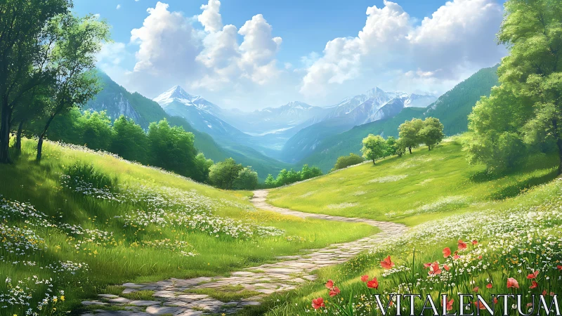 Sunlit stone path winds through bright alpine wildflower valley