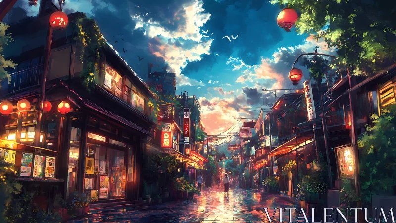 Rain-washed lantern street at sunset in digital painting.