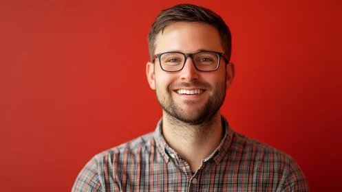 Man with glasses in checked shirt against red background.