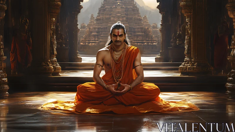Meditating Hindu sage in ornate temple under cinematic light
