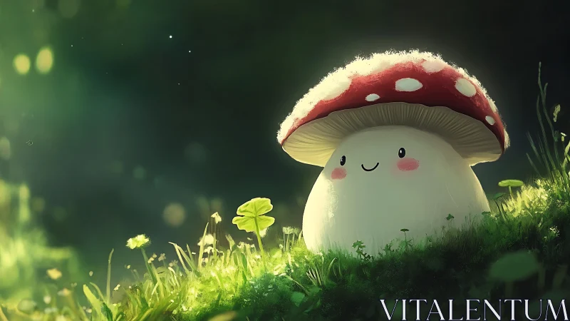 Luminous kawaii toadstool organism under volumetric forest light.