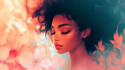 Dreamy floral portrait of serene woman in warm light.