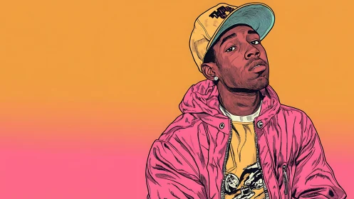 Gradient skies frame a cool pink-jacket rebel in quiet swagger