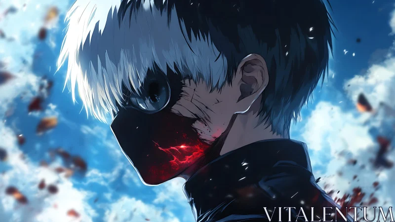 Masked anime antihero stands amid swirling embers skyward.