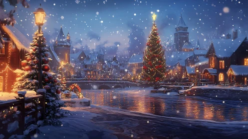 Snowlit riverside village wrapped in glowing Christmas hush.