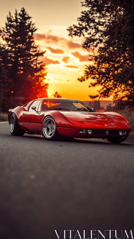 Low-angle view of red sports coupe on rural road at sunset.