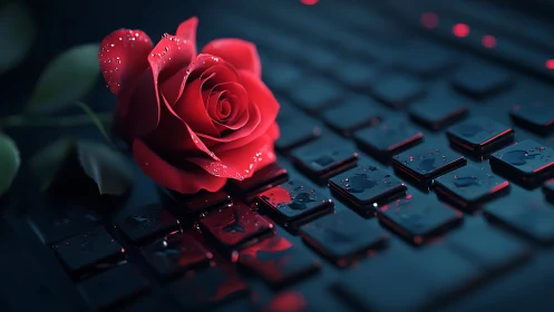 Red Rose on Dark Keyboard with Water Droplets.