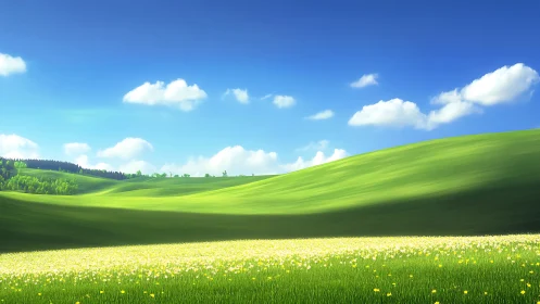 Rolling green hills under clear blue sky with clouds.