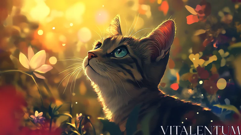 Cat with turquoise eyes gazes upward in golden flower garden.