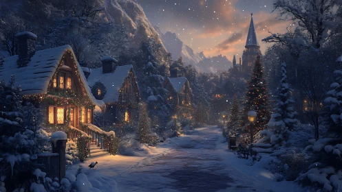 Cozy winter village street glowing with holiday warmth.