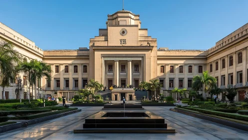 Sunlit stone courtyard framing a stately academic palace.