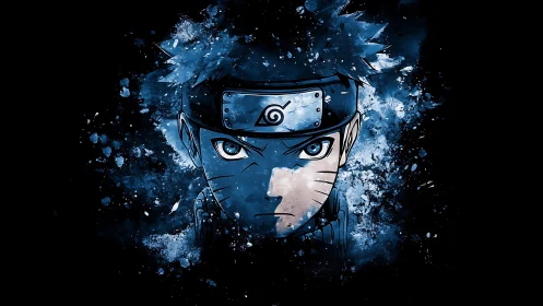 Determined ninja portrait in blue splatter ink style