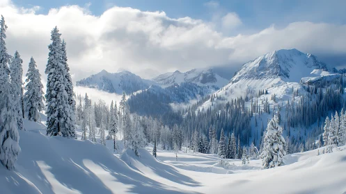 Snow‑laden conifer forest spans undulating slopes under alpine light