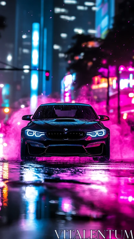 Neon storm sedan prowls through cyber-lit midnight streets.