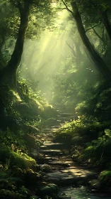 Luminescent Forest Ravine with Volumetric Light Through Canopy.