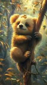 Golden baby panda clings to sunlit forest tree trunk